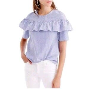 J.Crew Edie Top Ruffle Blouse Blue White Shirt Stripe F9398 Cotton Size 10